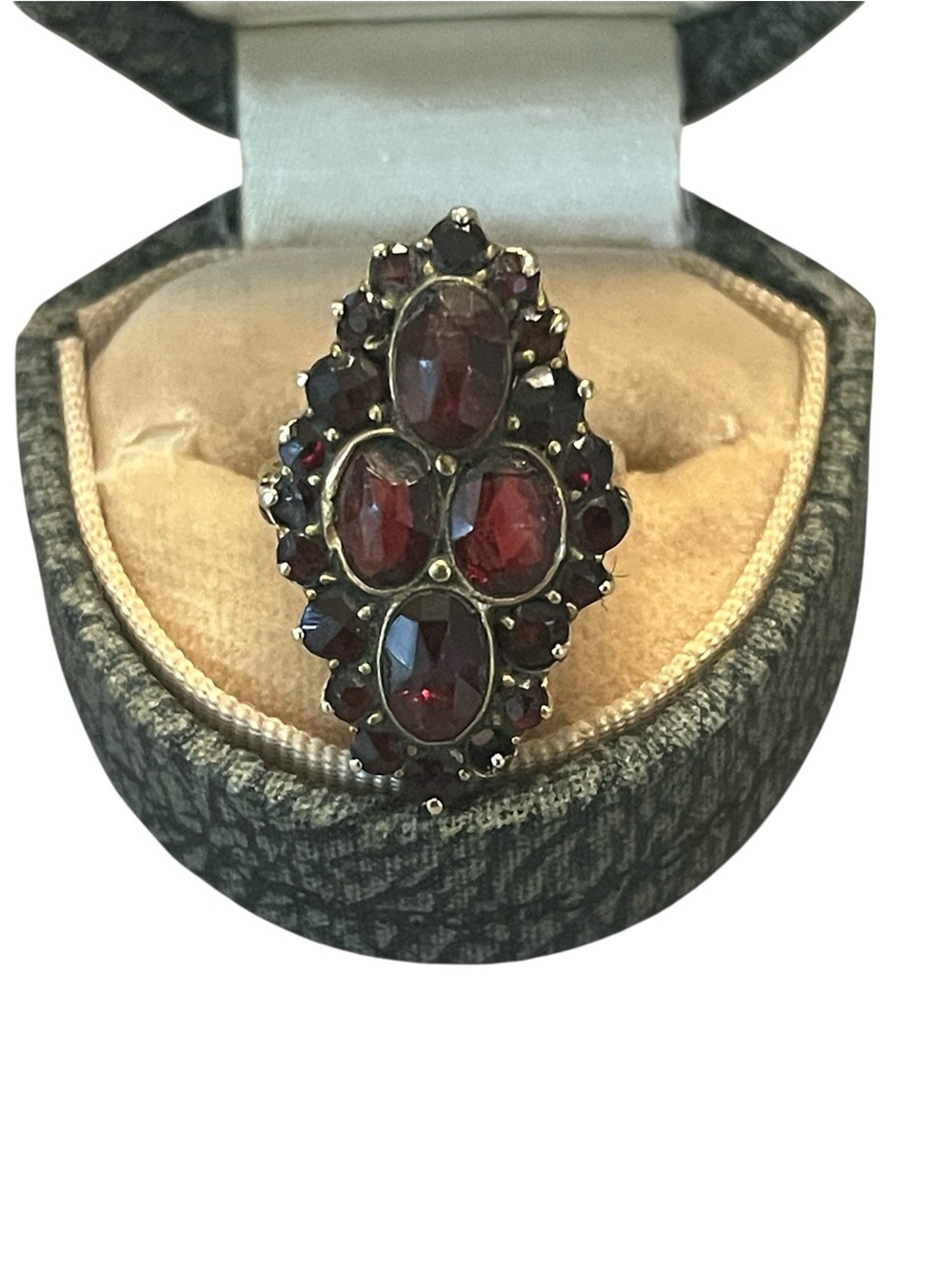 Antique Garnet Cluster Statement Ring - Deep Red in Vintage Box Size 5